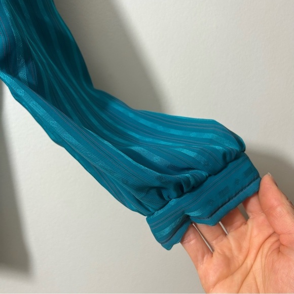 BUMBLE BEE | Teal Vintage Button Up Long Sleeve Blouse With Ruffle Neck Collar - Picture 8 of 9